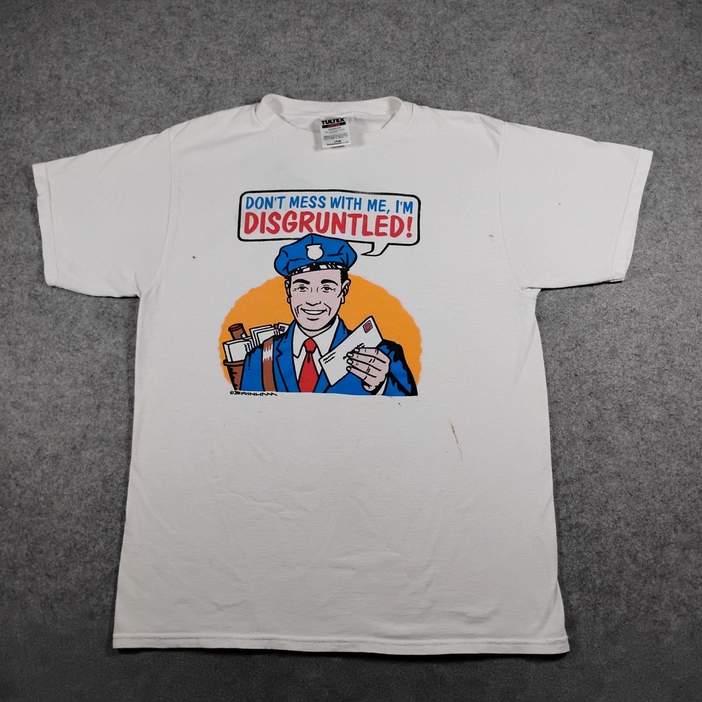 Vintage Baynham Disgruntled Mailman T Shirt Men's Large White Graphic Tee Retro